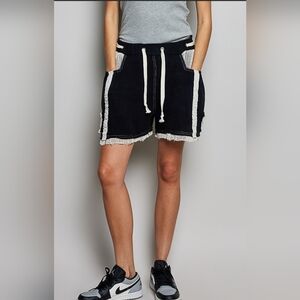 #1246 POL Everyday Wander Patchwork Drawstring Shorts-Black